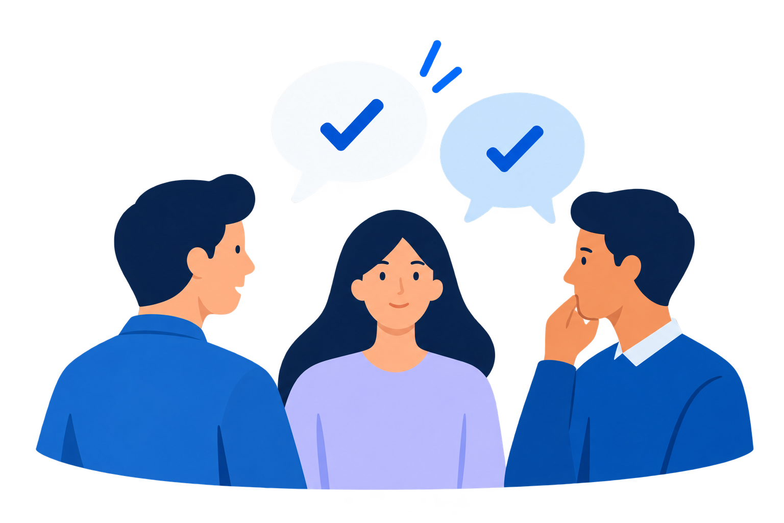 Three colleagues agreeing with check marks