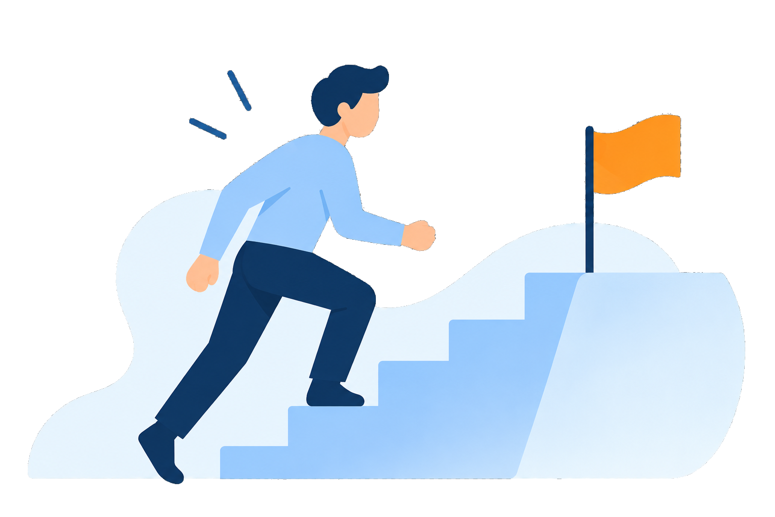 A person climbing steps toward a flag