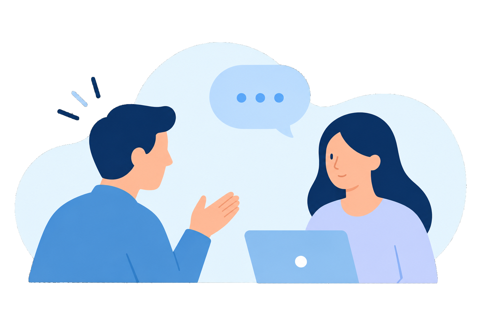 Two people talking across a laptop